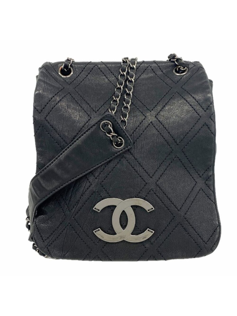 Chanel Shoulder Bag Leather Black Silver